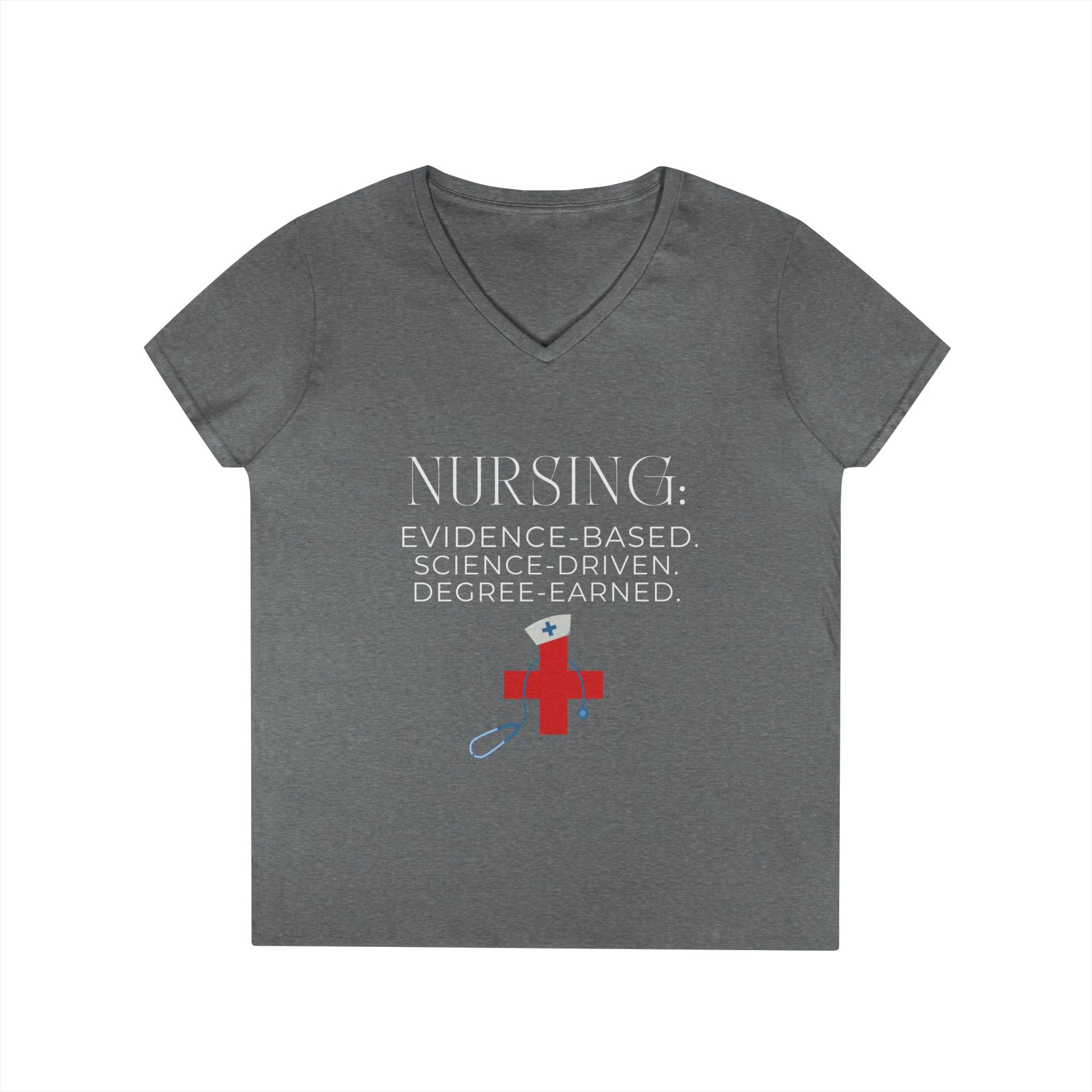 Nursing: Evidence Based V-Neck T-Shirt | Red Cross Stethoscope Design