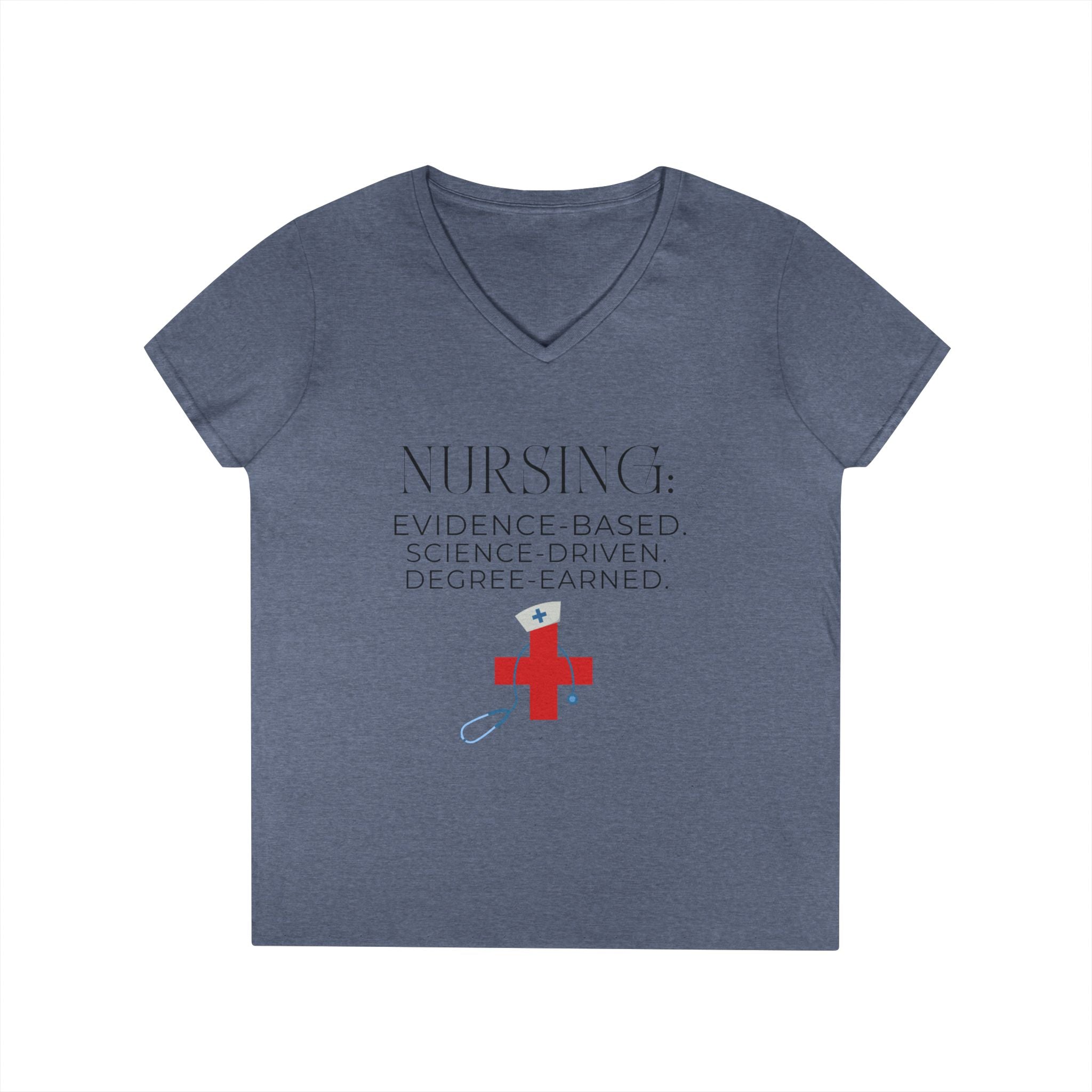 Nursing: Evidence Based V-Neck T-Shirt | Red Cross Stethoscope Design