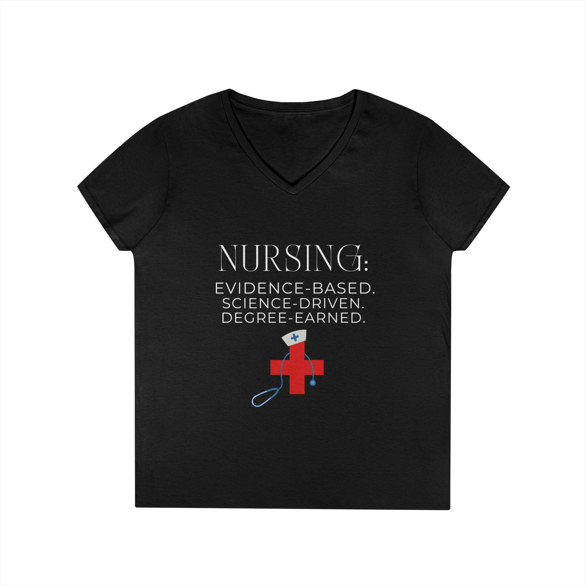 Nursing: Evidence Based V-Neck T-Shirt | Red Cross Stethoscope Design