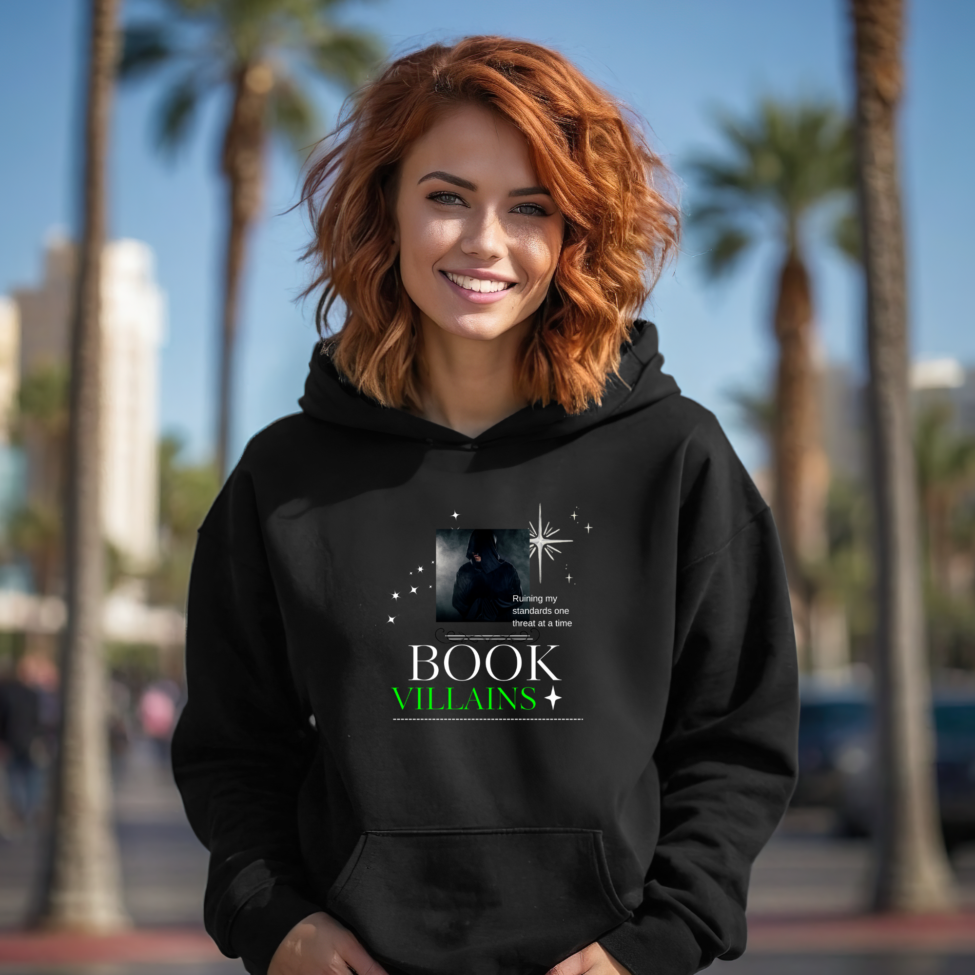 Bookish Cozy Hoodie — 'Book Villains' Graphic Pullover for Readers