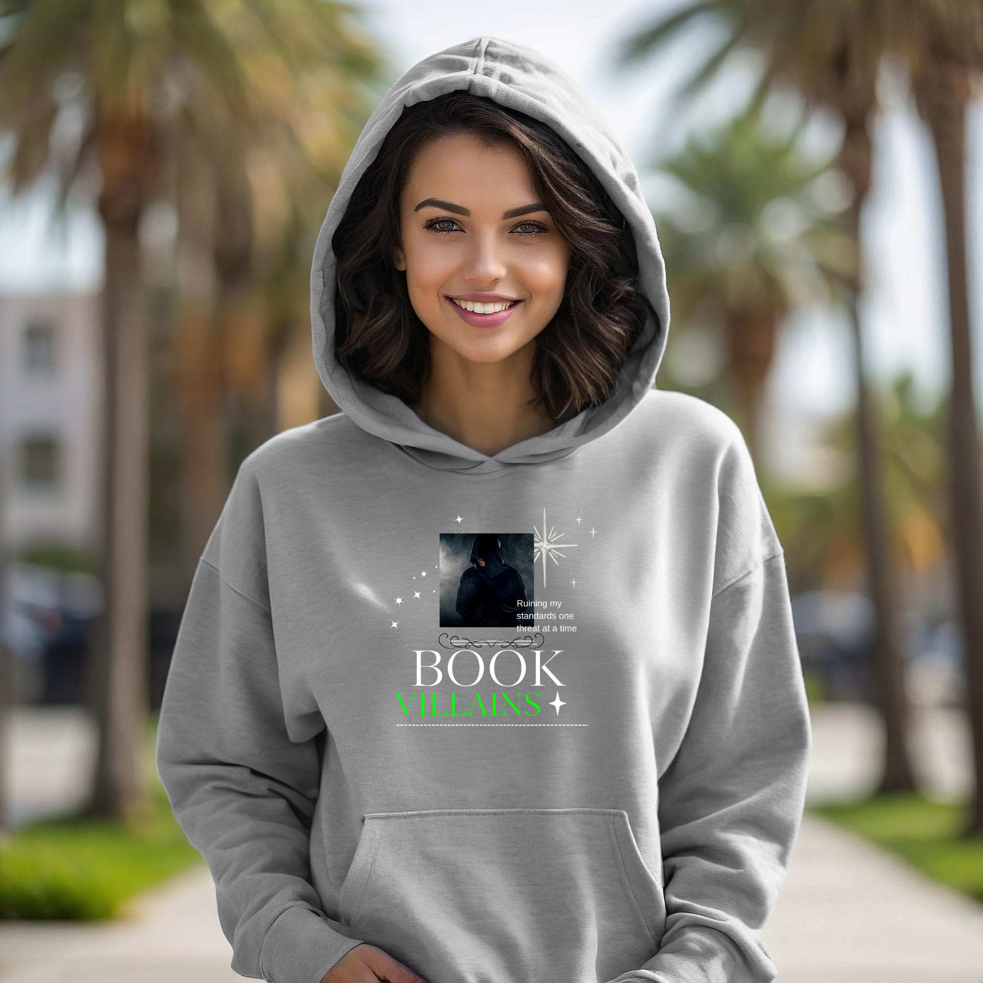 Bookish Cozy Hoodie — 'Book Villains' Graphic Pullover for Readers