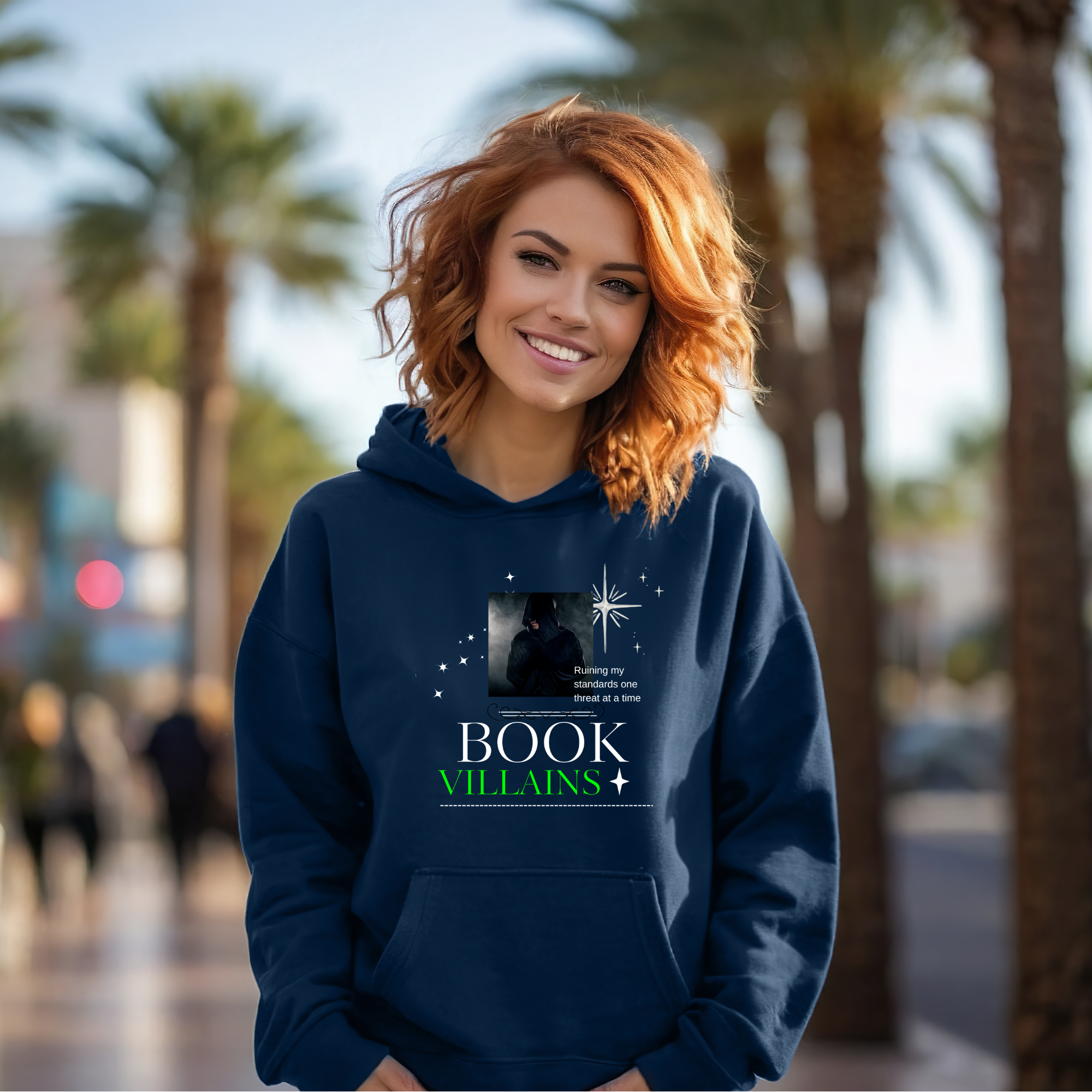 Bookish Cozy Hoodie — 'Book Villains' Graphic Pullover for Readers