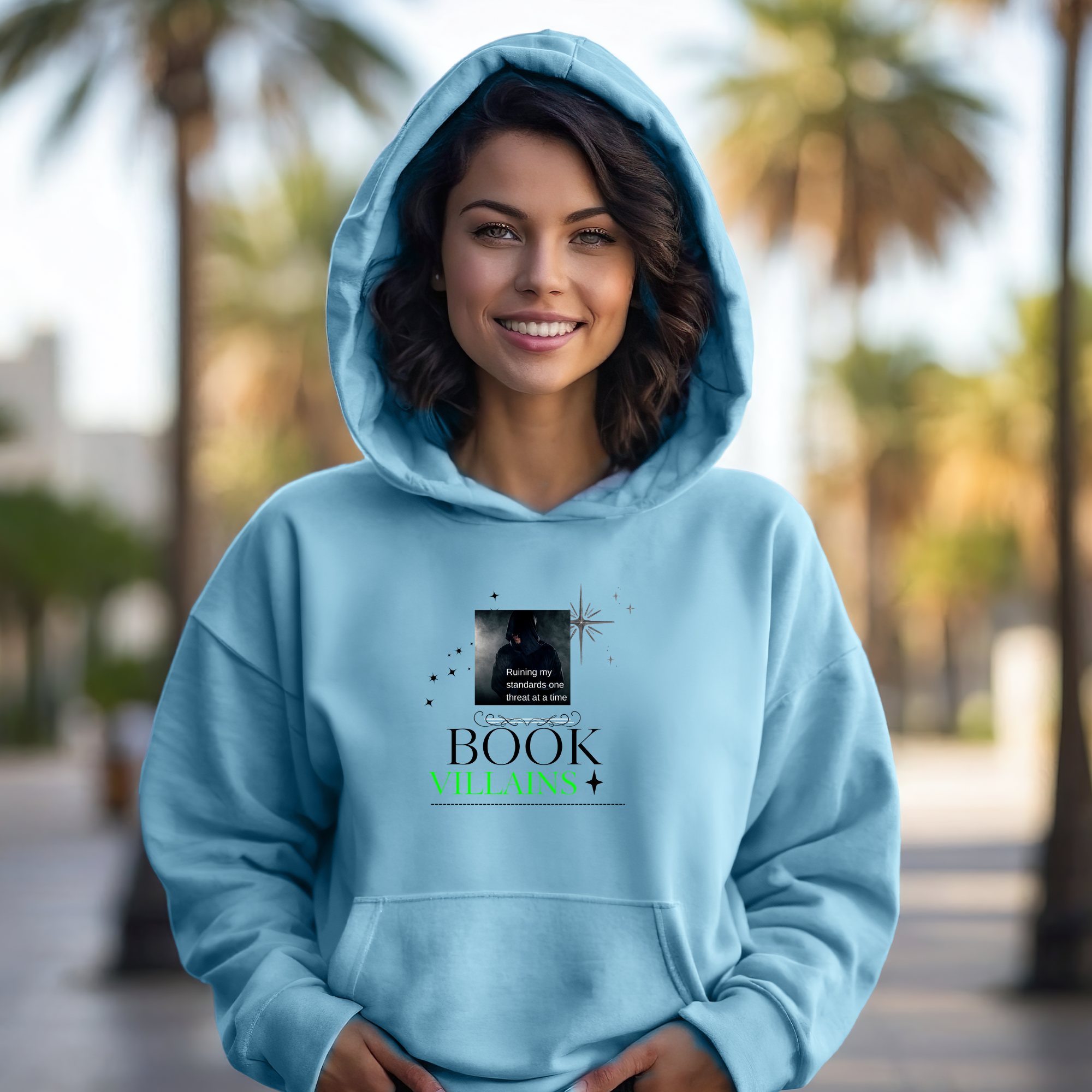 Bookish Cozy Hoodie — 'Book Villains' Graphic Pullover for Readers