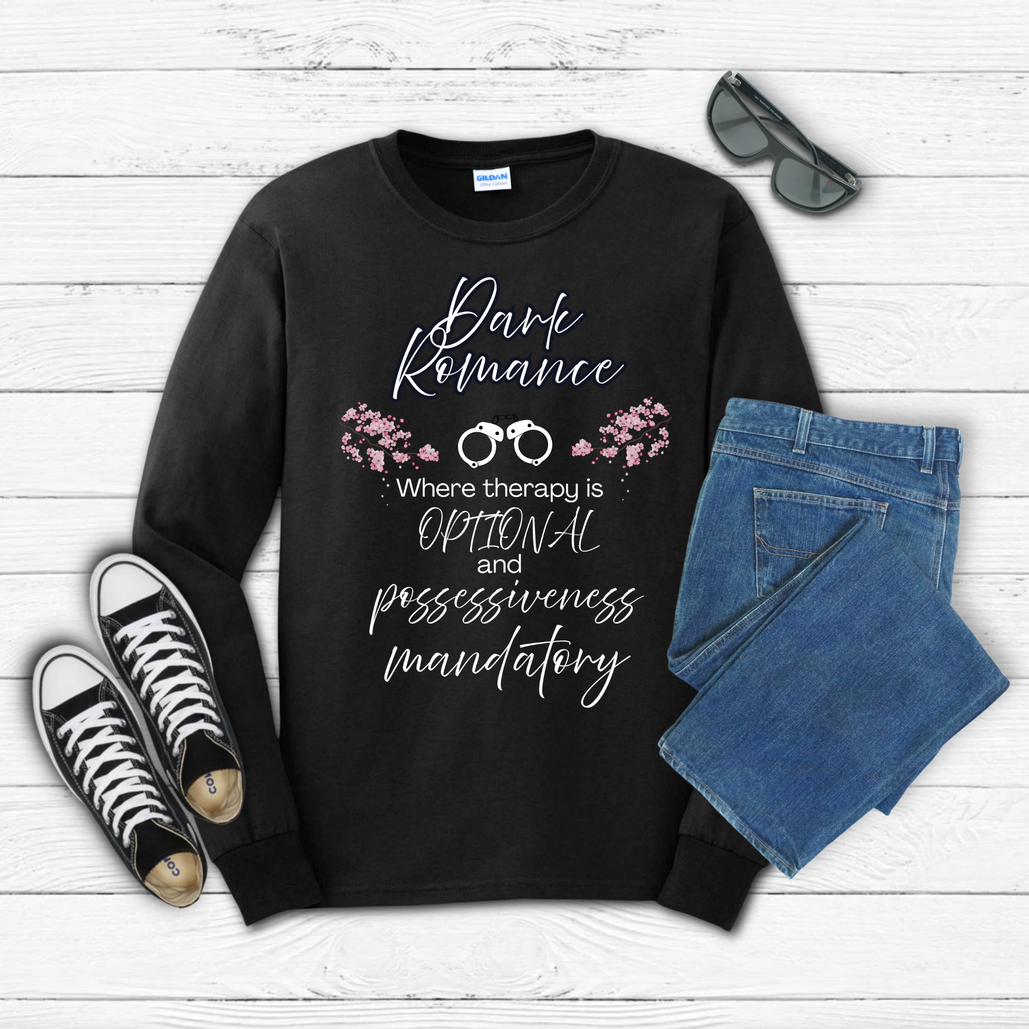 Dark Romance —  Long Sleeve Tee with Handcuffs & Flowers