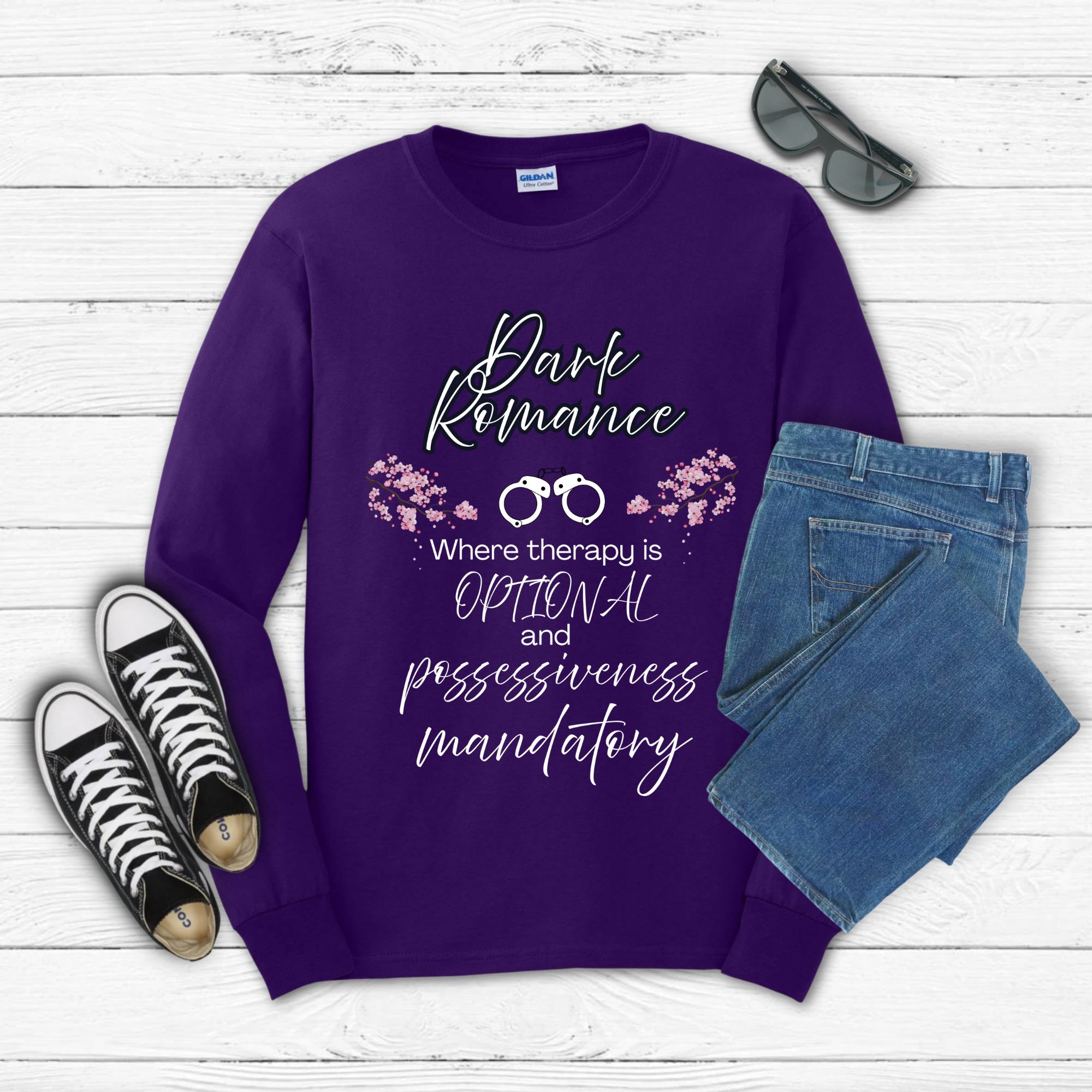 Dark Romance —  Long Sleeve Tee with Handcuffs & Flowers