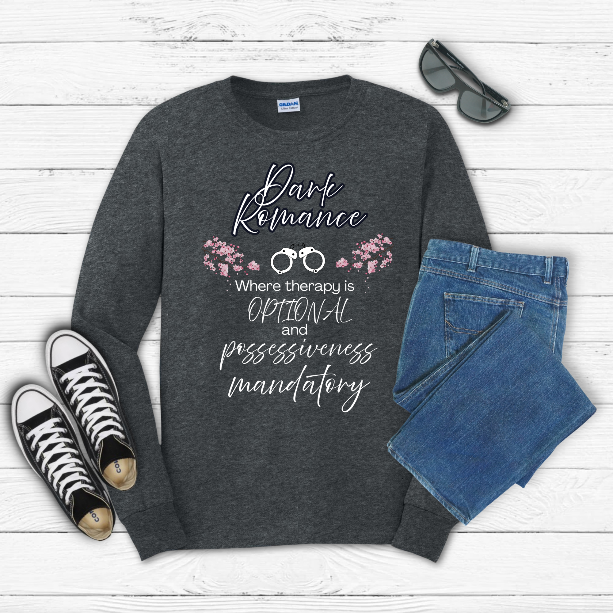 Dark Romance —  Long Sleeve Tee with Handcuffs & Flowers