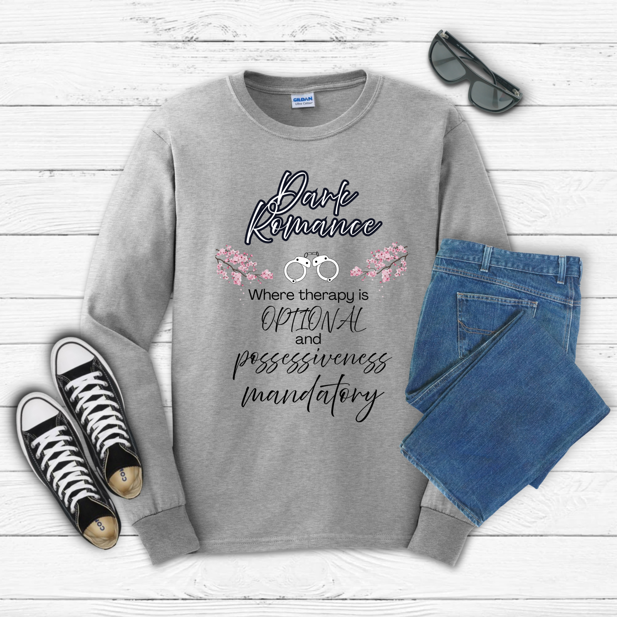 Dark Romance —  Long Sleeve Tee with Handcuffs & Flowers