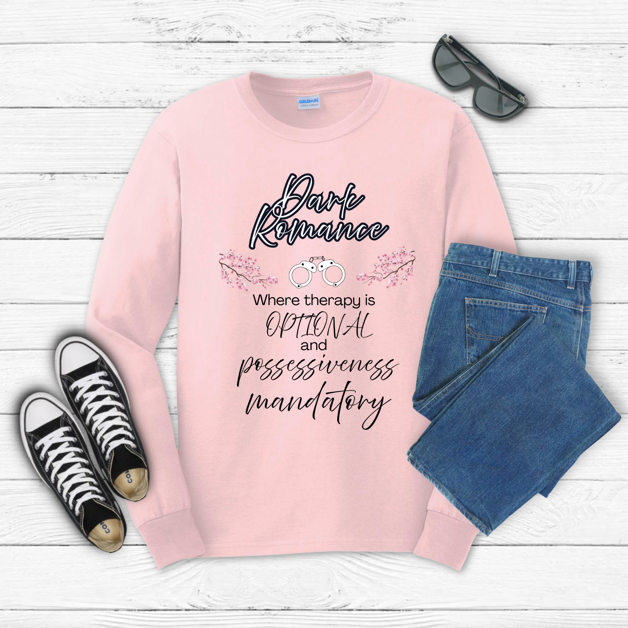 Dark Romance —  Long Sleeve Tee with Handcuffs & Flowers