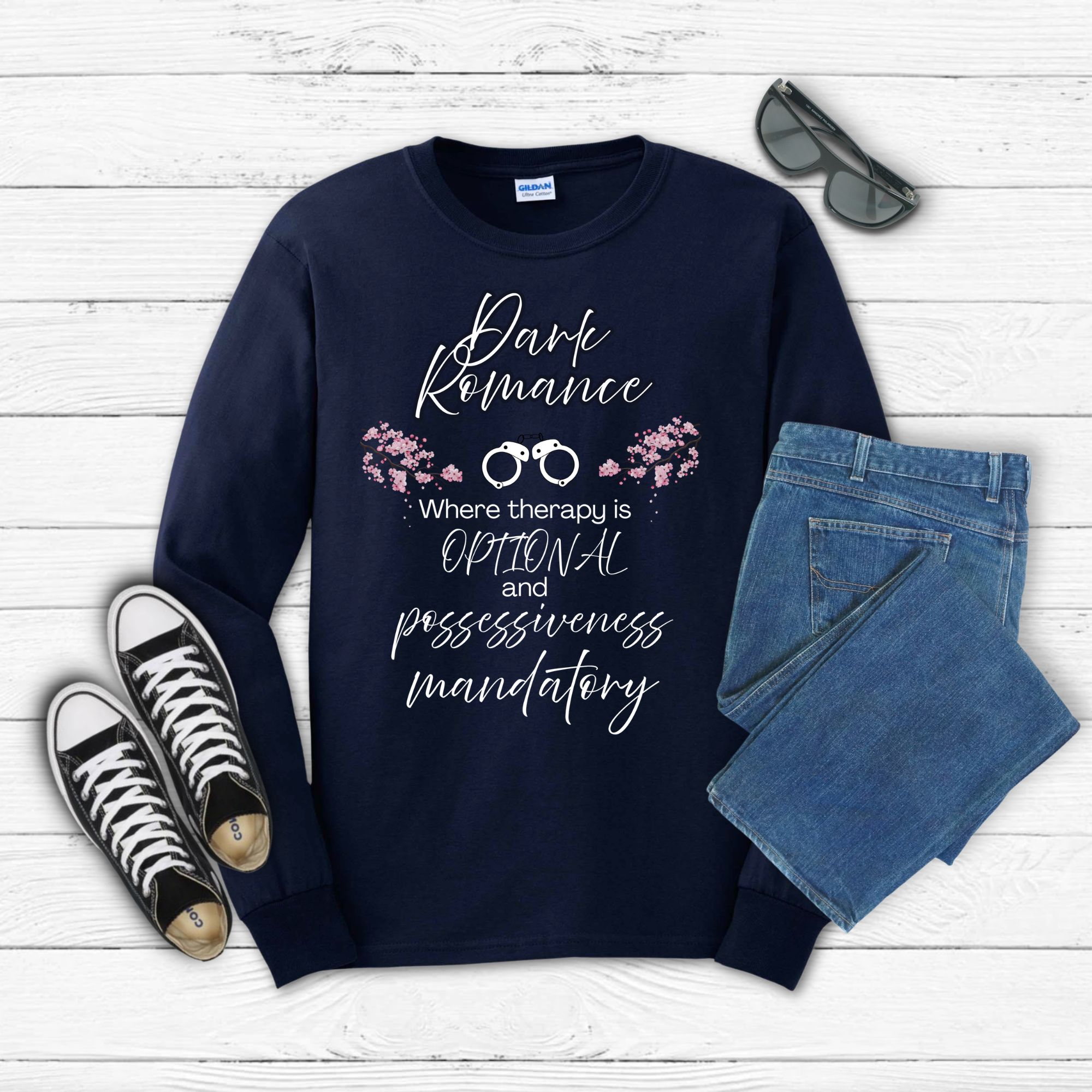 Dark Romance —  Long Sleeve Tee with Handcuffs & Flowers