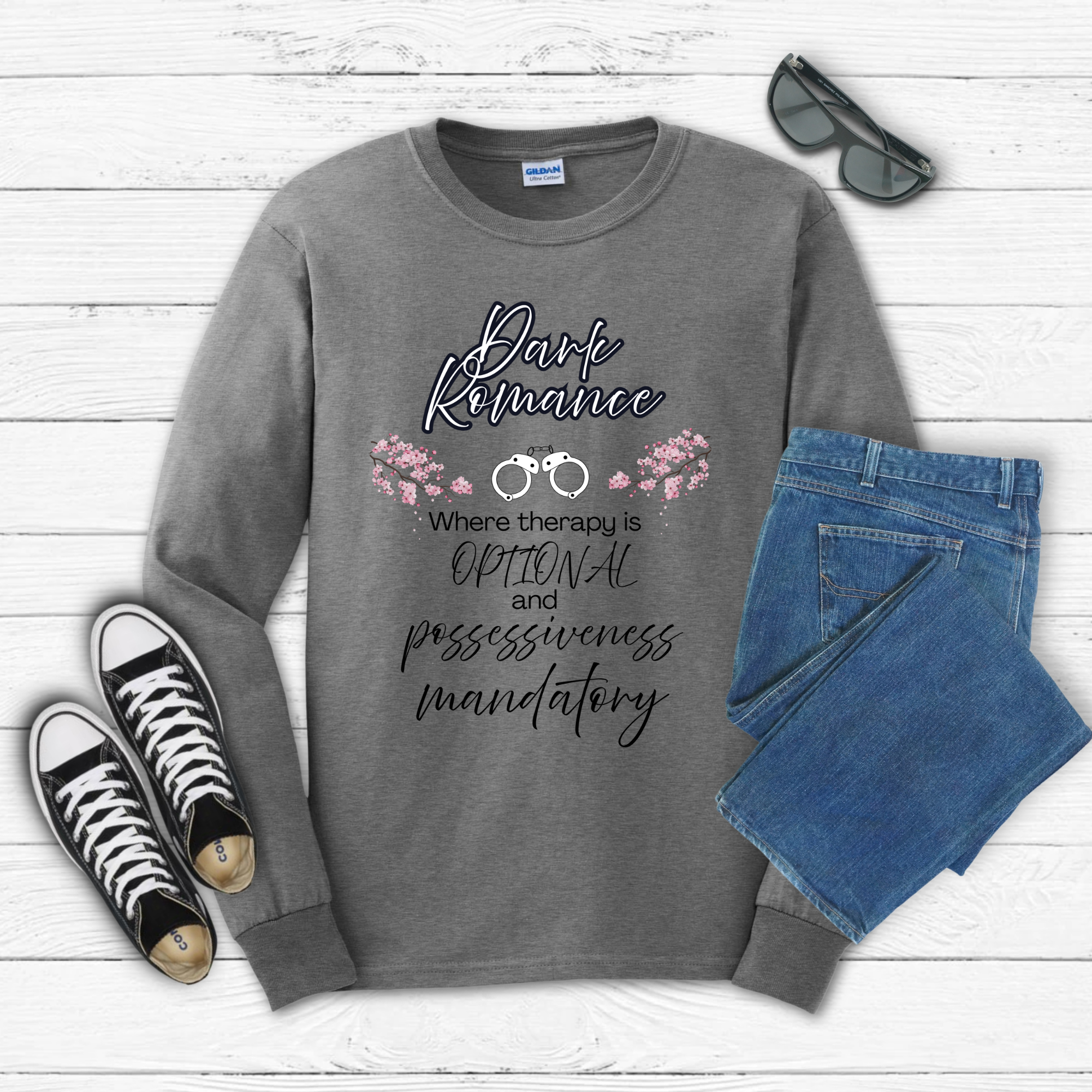 Dark Romance —  Long Sleeve Tee with Handcuffs & Flowers