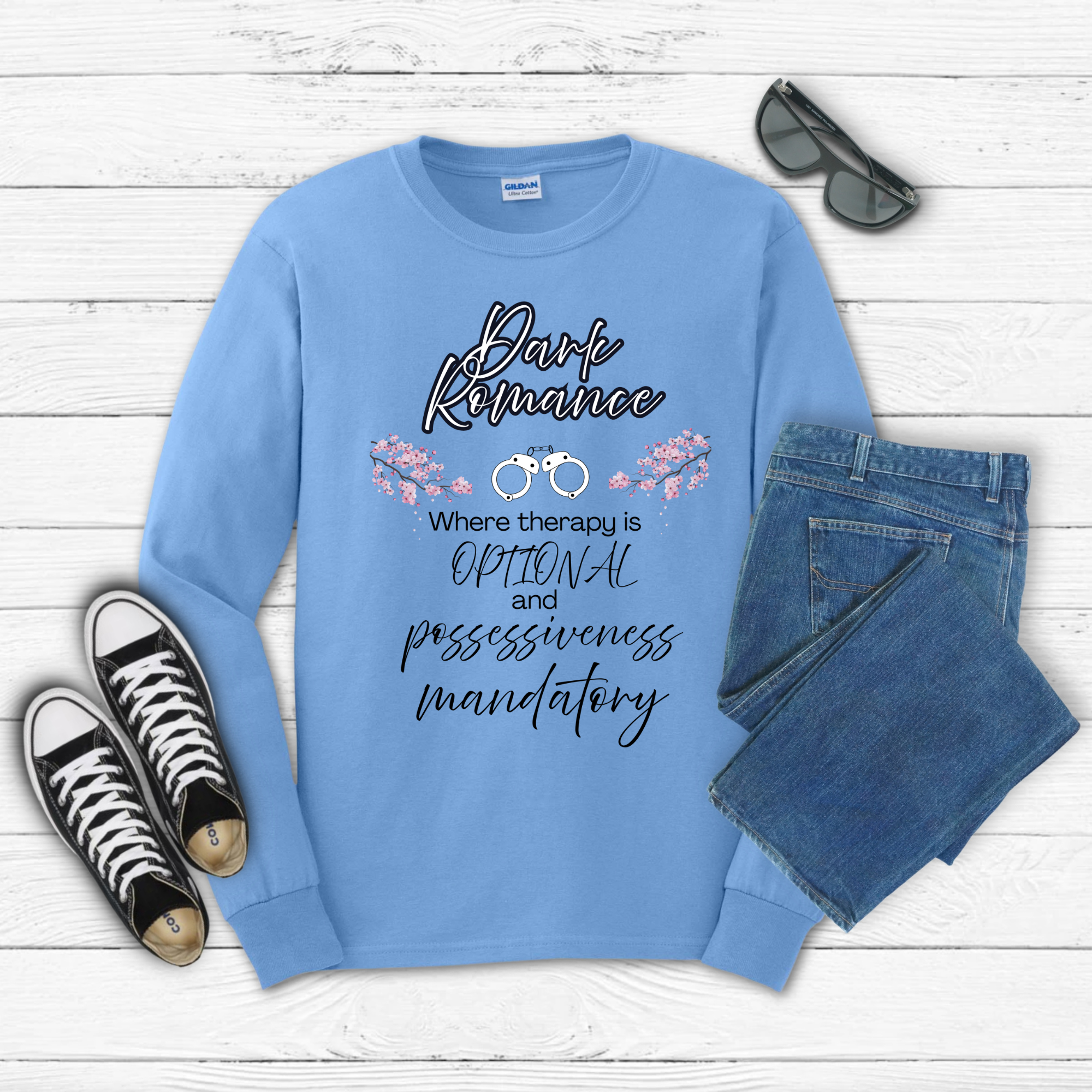 Dark Romance —  Long Sleeve Tee with Handcuffs & Flowers