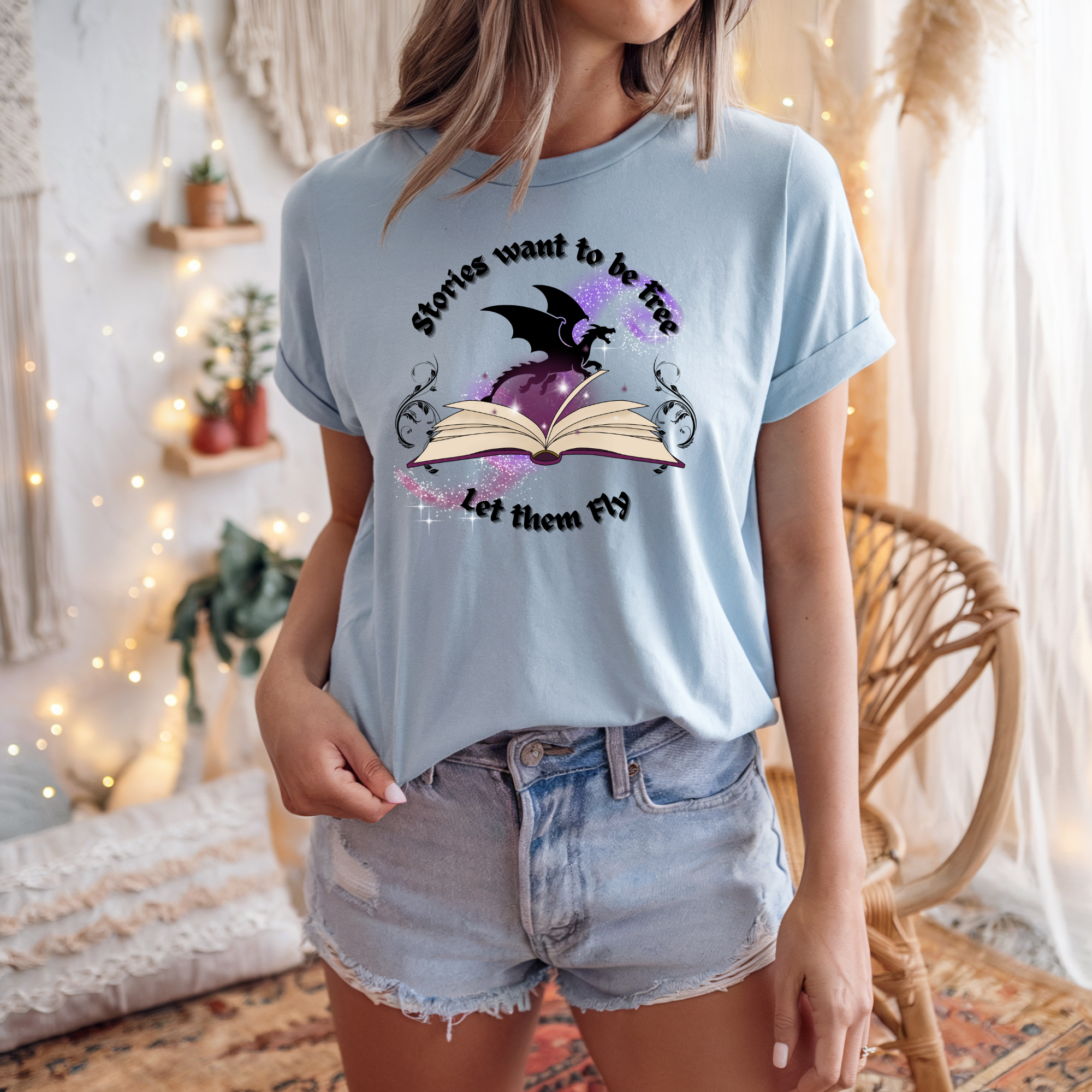 Stories Want to Be Free book dragon T-Shirt | reading, fantasy, literary design