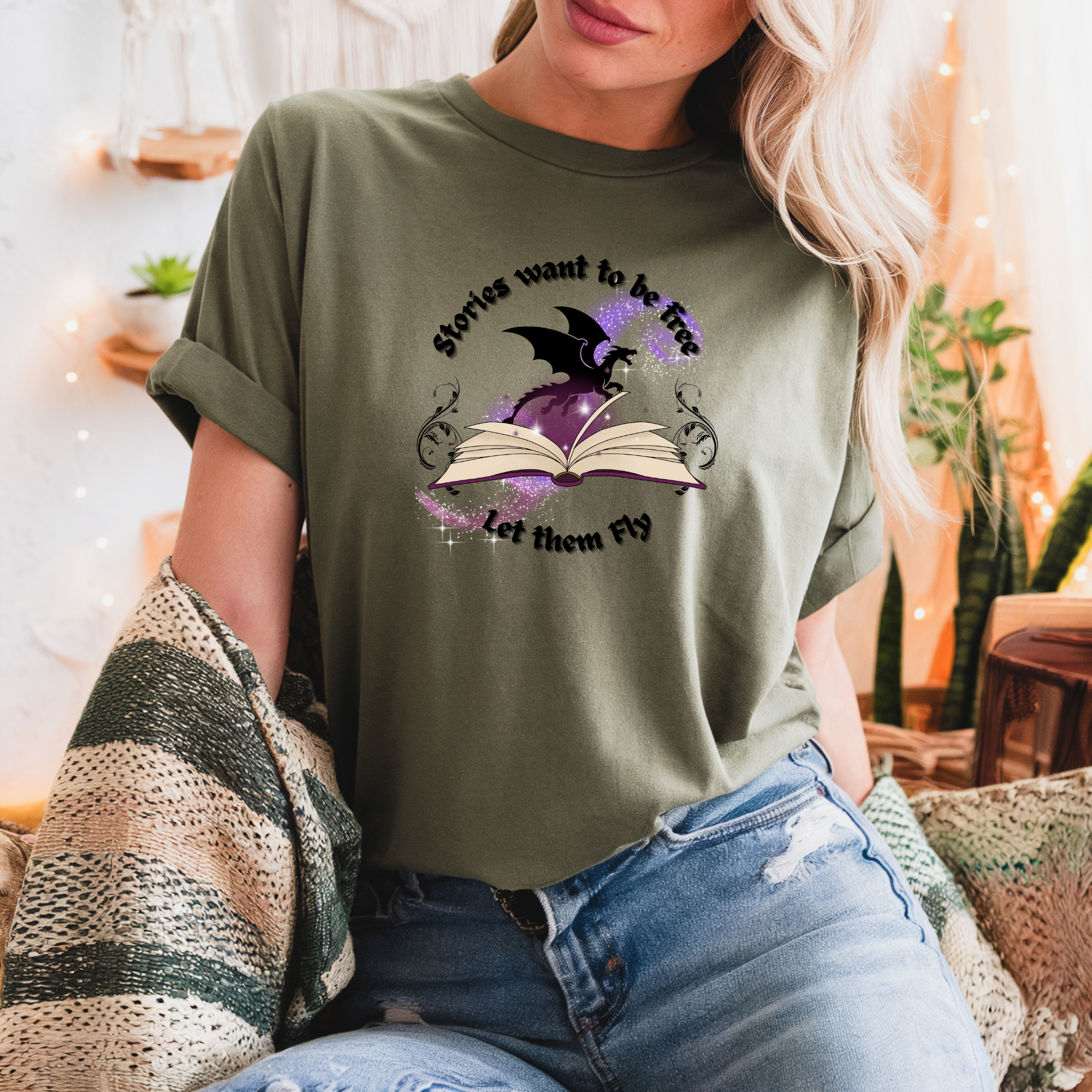 Stories Want to Be Free book dragon T-Shirt | reading, fantasy, literary design