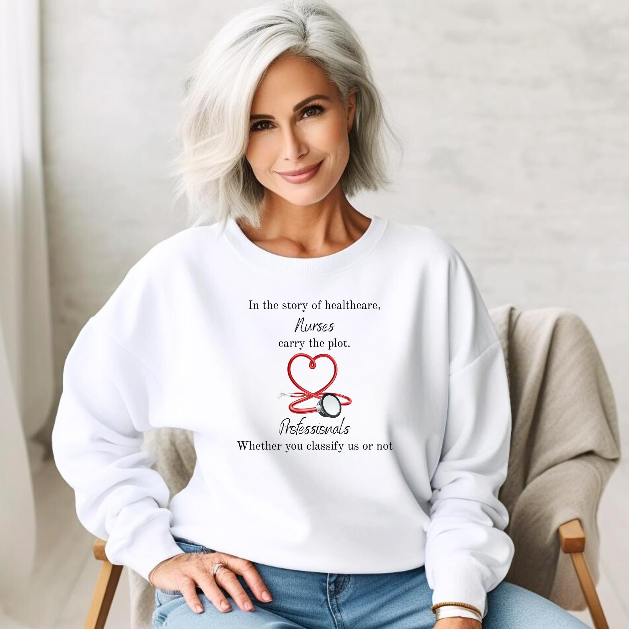 Nurses Carry the Plot Crewneck Sweatshirt | Nurse Quote Stethoscope Heart